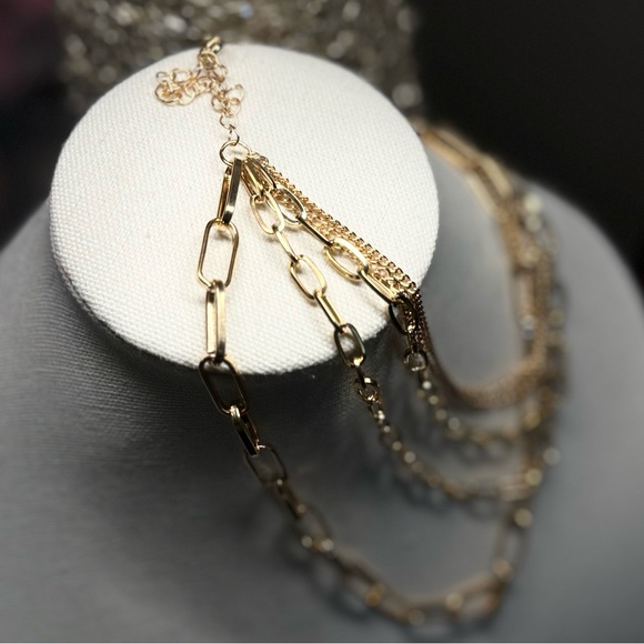 NEW! 14K Gold 5 Layered Paperclip Chains Choker Necklace Adjustable - Picture 8 of 15